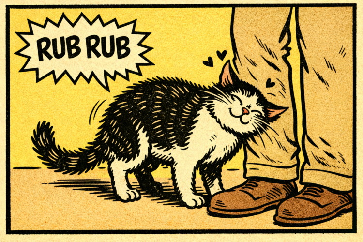 Cat affectionately rubbing against leg