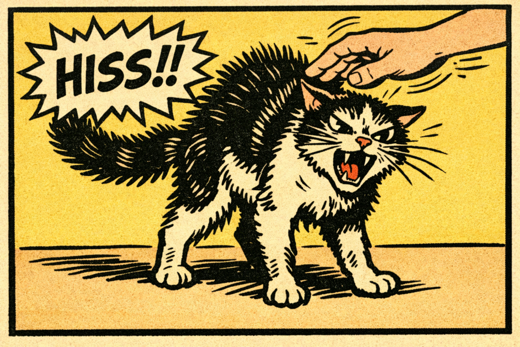 very angry vintage cartoon comic style cat with back arched, bearing his teeth, hair all spikey and hissing at an owner who is attempting to pet him.