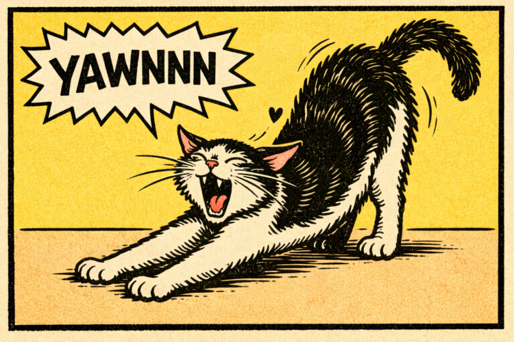 Stretching cat with bold yawn